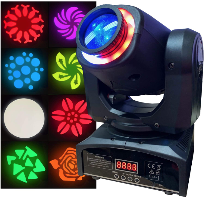 LED Moving Head Spot - Bright, Lightweight, 60 Watt, 8 Gobos, 8 Colors, FX Ring