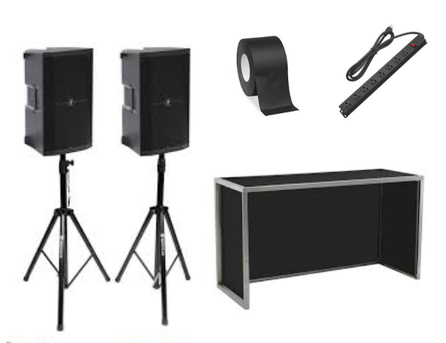 Black DJ booth and two speakers